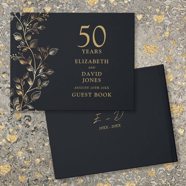Livro De Visitas Elegante Floral Dourada 50º Aniversário de Casamen (Elegant Golden Floral 50th Wedding Anniversary Guest Book)