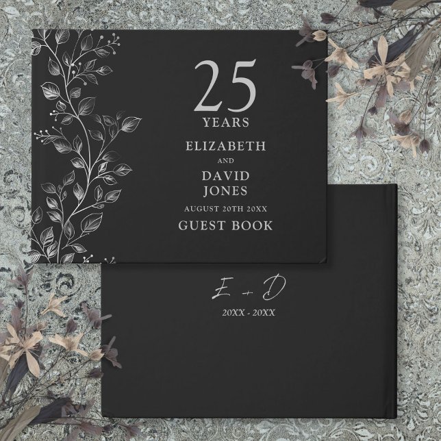 Livro De Visitas Elegante Floral Prata Bodas de Prata 25 Anos de Ca (Elegant Silver Floral 25th Wedding Anniversary Guest Book)