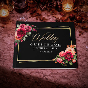 Livro De Visitas Elegante floral vermelho preto sombrio Casamento r