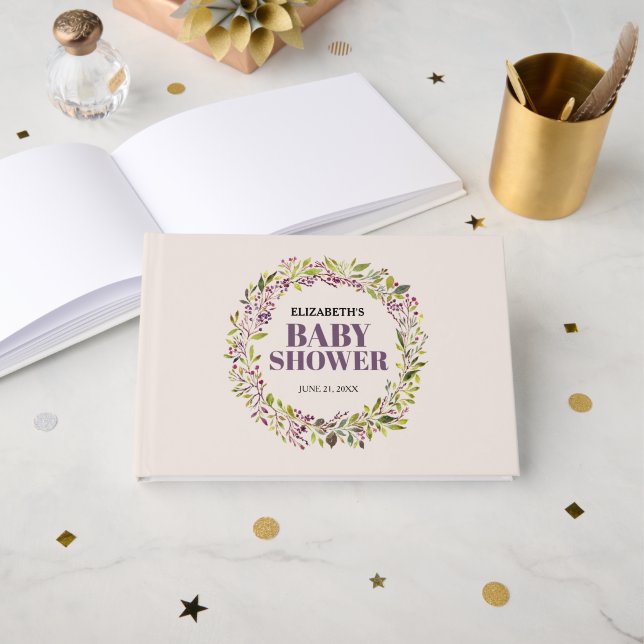 Livro De Visitas Elegante Greenery Wreath Chá de fraldas (Frente aberta)