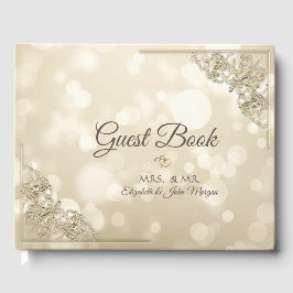 Livro De Visitas Elegante Moldura de Corações de Ouro Bokeh Casamen