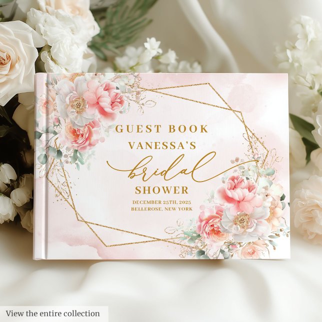 Livro De Visitas Elegante Moldura Dourada Tom Pastel Boho Chuveiro  (Stylish Boho Pastel Blush Gold Frame Bridal Shower Guest Book)
