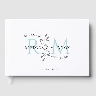 Livro De Visitas Elegante Monograma Botânico Aqua de Casamento