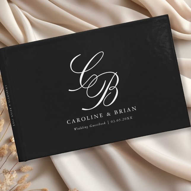 Livro De Visitas Elegante, Monograma, Casamento (Elegant, Monogram, Black, Wedding Guest Book with your name and date.)