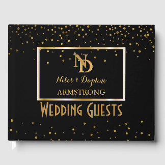 Livro De Visitas Elegante Monograma | Casamento Dourado de Arte Neg