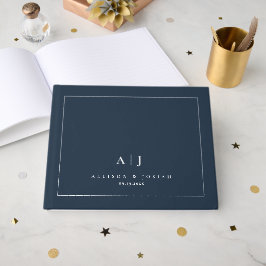 Livro De Visitas Elegante Monograma de Casamento de Casais em Azul