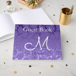 Livro De Visitas Elegante Monograma de Casamento Roxo Branco
