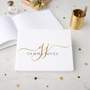 Livro De Visitas Elegante Monograma de Inicial em Script Dourado No