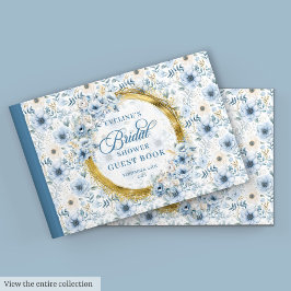 Livro De Visitas Elegante Pó Azul Dourado Boho Floral Chá de Noiva