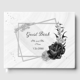 Livro De Visitas elegante prata e flores pretas botânicas