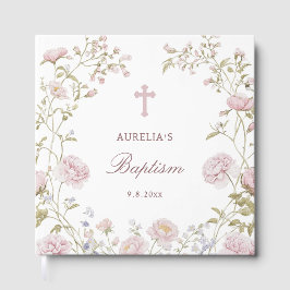 Livro De Visitas Elegante Quadro Floral Rosa Batismo