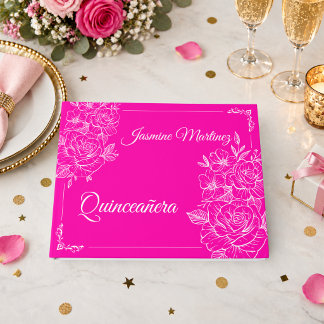 Livro De Visitas Elegante Quinceañera Floral Rosa Fúcsia e Branco