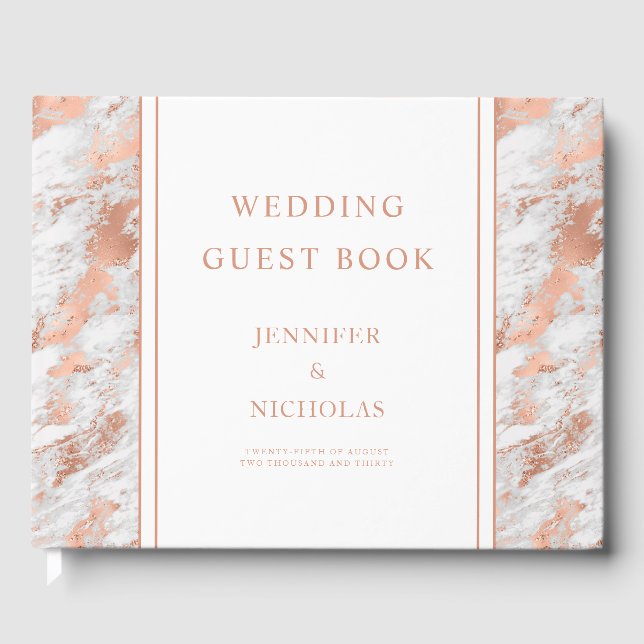 Livro De Visitas Elegante Rose Gold White Marble Weds Boo (Frente)