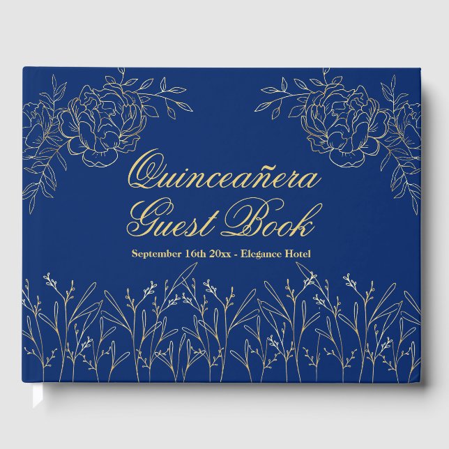 Livro De Visitas Elegante Royal Blue Outline Floral Quinceanera (Frente)