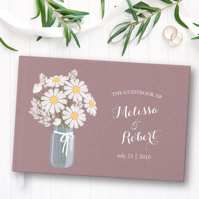 Livro De Visitas Elegante Rustic Mason Jar Daisies Casamento Rosy (Criador carregado)