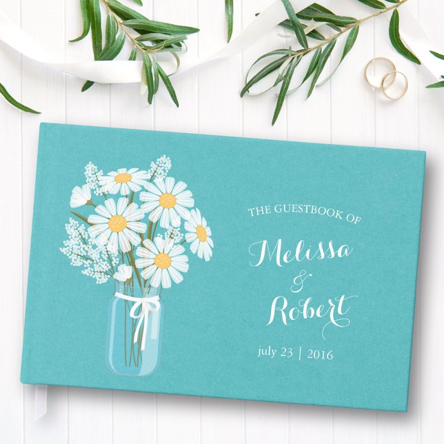 Livro De Visitas Elegante Rustic Mason Jar Daisies Casamento Teal (Criador carregado)
