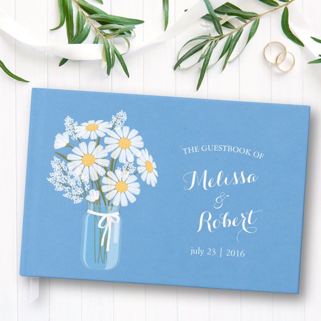 Livro De Visitas Elegante Rustic Mason Jar Daisies Casando Azul (Criador carregado)