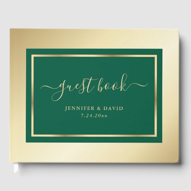 Livro De Visitas Elegante Script Emerald Green e Dourado Casamento (Frente)
