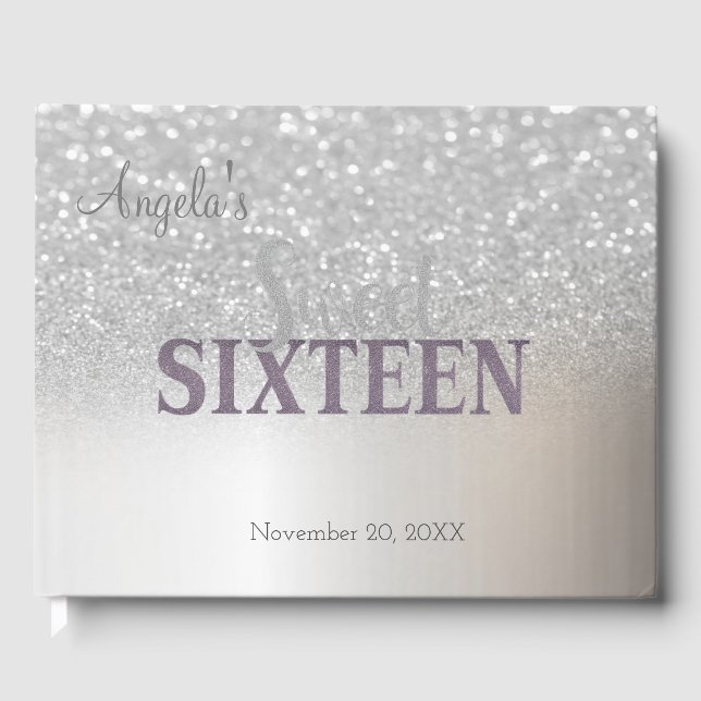 Livro De Visitas Elegante Silver Glitter Bokeh Ombre, Doce 16 (Frente)