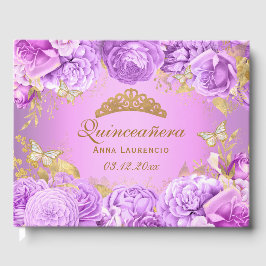 Livro De Visitas Elegante Tema Borboleta Floral Roxo Quinceanera