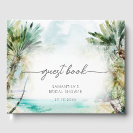 Livro De Visitas Elegante Watercolor Palm Tree Beach Chá de panela