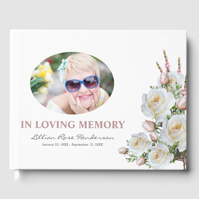 Livro De Visitas Elegante White & Pink Roses Funeral Memorial Fotog (Frente)