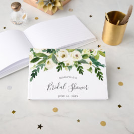 Livro De Visitas Elegante White Roses Greenery Chá de panela Floral