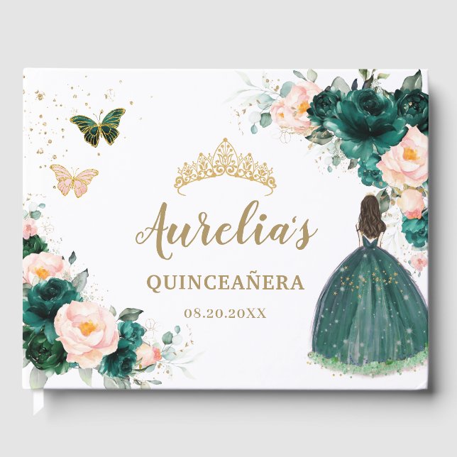 Livro De Visitas Emerald Green Blush Floral Princess Quinceañera (Frente)