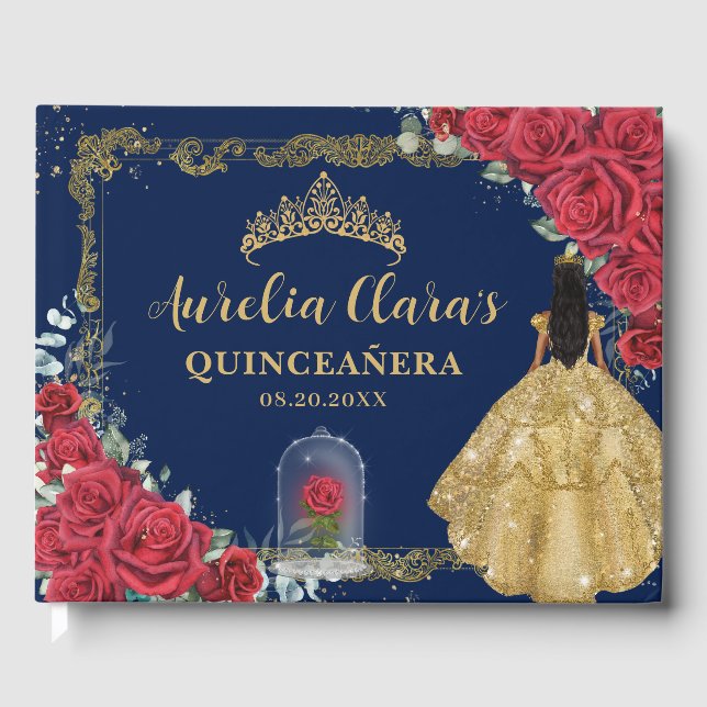 Livro De Visitas Enchanted Rose Red Floral Black Hair Quinceanera (Frente)