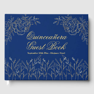 Livro De Visitas Esboço Dourado Quinceanera floral dos azuis