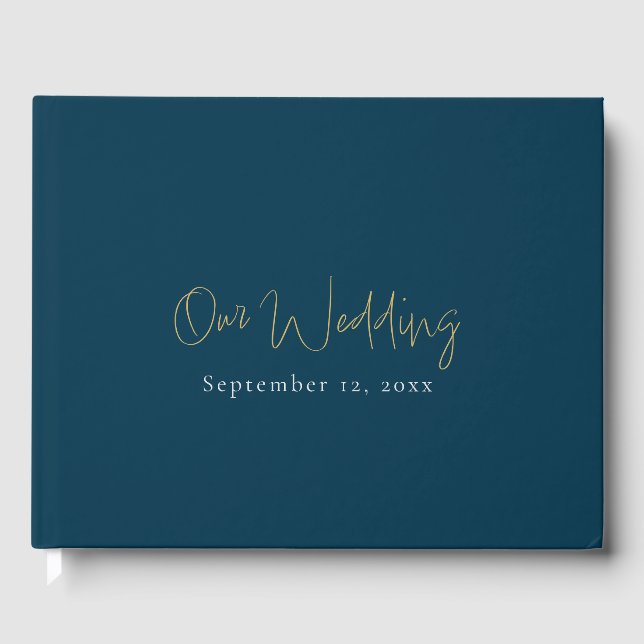 Livro De Visitas Escrita azul e dourada moderna, casamento minimali (Frente)