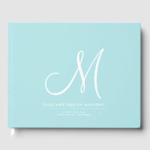 Livro De Visitas Escrito Elegante Monograma Aqua de Casamento Inici