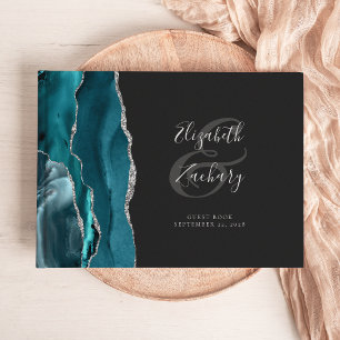 Livro De Visitas Escuridão Escuro do Prata Azul-Teal Moderno