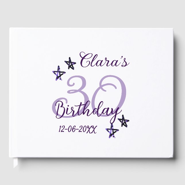 Livro De Visitas Estrelas brilhantes roxas retro moderno aniversári (Frente)