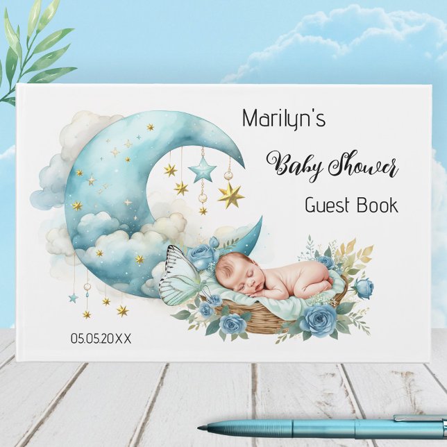Livro De Visitas Estrelas com Espionagem e Chá de fraldas Moon Boy (Baby shower guest book featuring a watercolor dreamy baby boy with a moon and sparkling stars)