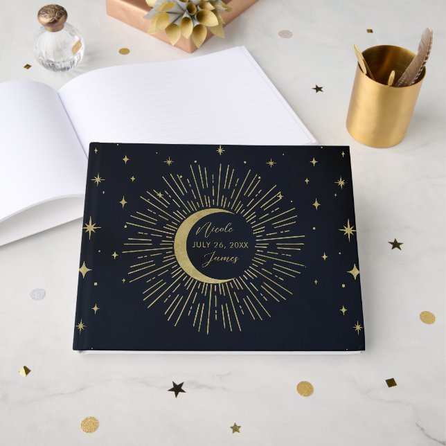 Livro De Visitas Estrelas Douradas Noite Celestial Explosão do Sol  (Frente aberta)