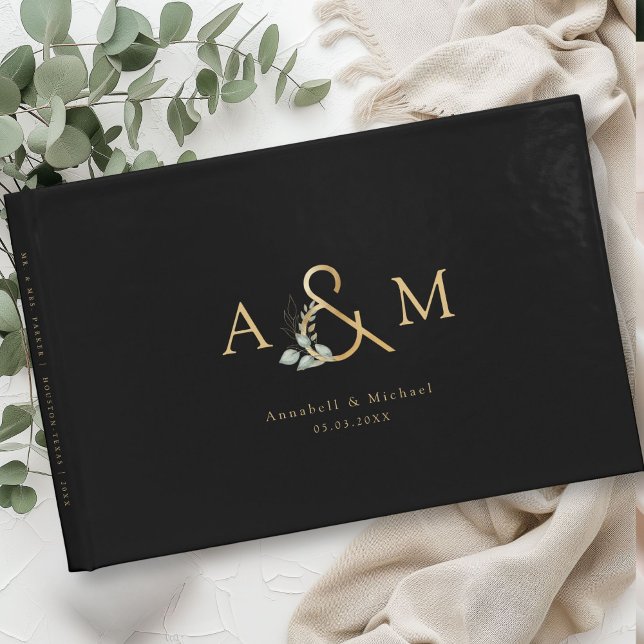 Livro De Visitas Eucalipto, Ampersand, Dourado negro, Casamento (Eucalyptus, Ampersand, Black-Gold, Wedding Guest Book with your namea and date.)