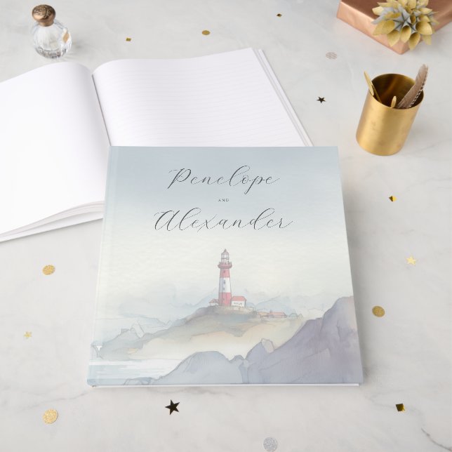 Livro De Visitas Farol em Aquarela Azul Tranquilo (Frente aberta)