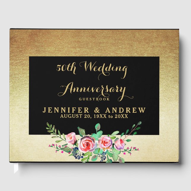Livro De Visitas Faux Gold Foil Floral 50º Aniversário de Casamento (Frente)