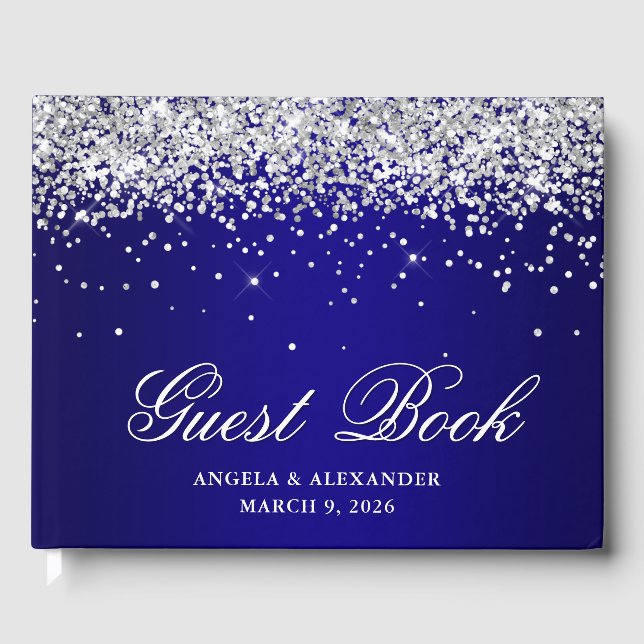Livro De Visitas Faux Silver Glitter Indigo Blue Ombre Casamento (Frente)