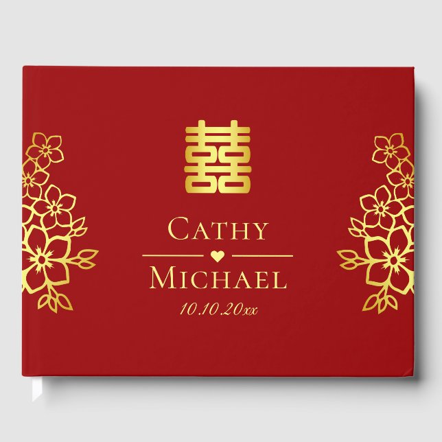 Livro De Visitas Felicidade dupla elegante floral de casamento chin (Frente)