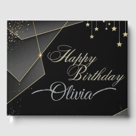 Livro De Visitas Feliz aniversário - Elegante negro e Dourado anive
