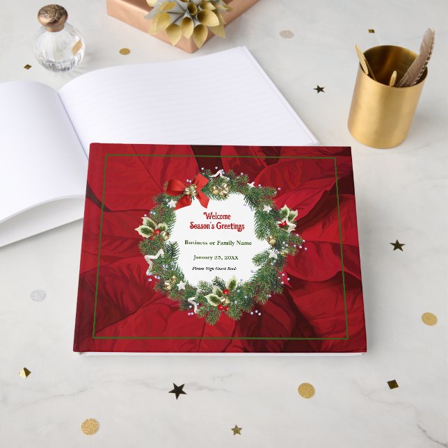 Livro De Visitas Feriado Natal - Pôinsettia Vermelha Personalizada (Frente aberta)