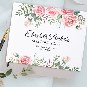 Livro De Visitas Festa de 90 anos com flores cor-de-rosa elegante