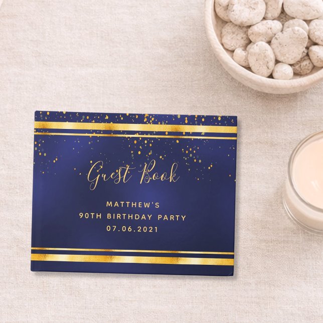 Livro De Visitas Festa de Aniversário de 90 anos confetes azul escu (Criador carregado)