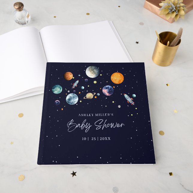 Livro De Visitas Festa de Chuvada de Bebê Menino Sobre a Lua Espaço (Frente aberta)