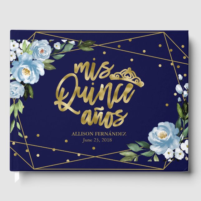 Livro De Visitas Festa de Quinceanera Floral Azul-Escuro Gold (Frente)