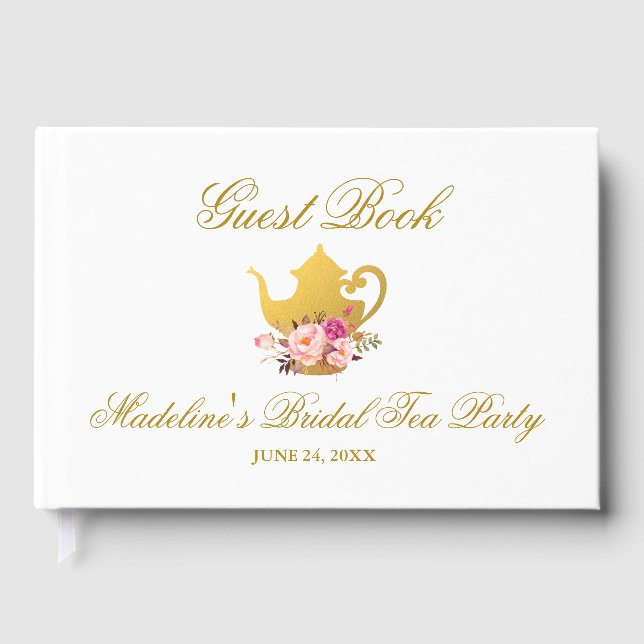 Livro De Visitas Festa Dourada de chá rosa-rosa (Frente)