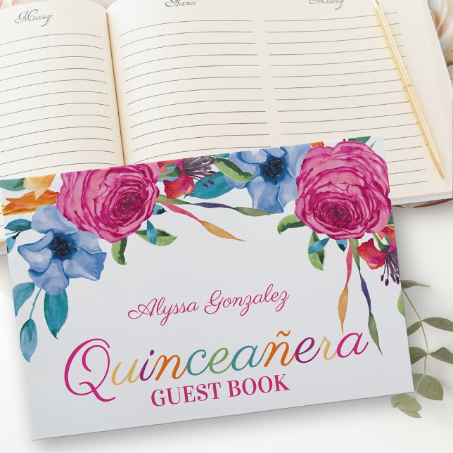 Livro De Visitas Fiesta Flowers Quinceanera Floral Branca e Rosa (Guest Book from my Fiesta Flowers Quinceanera Collection)