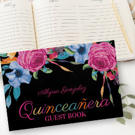 Livro De Visitas Fiesta Flowers Quinceanera Floral Preta e Rosa